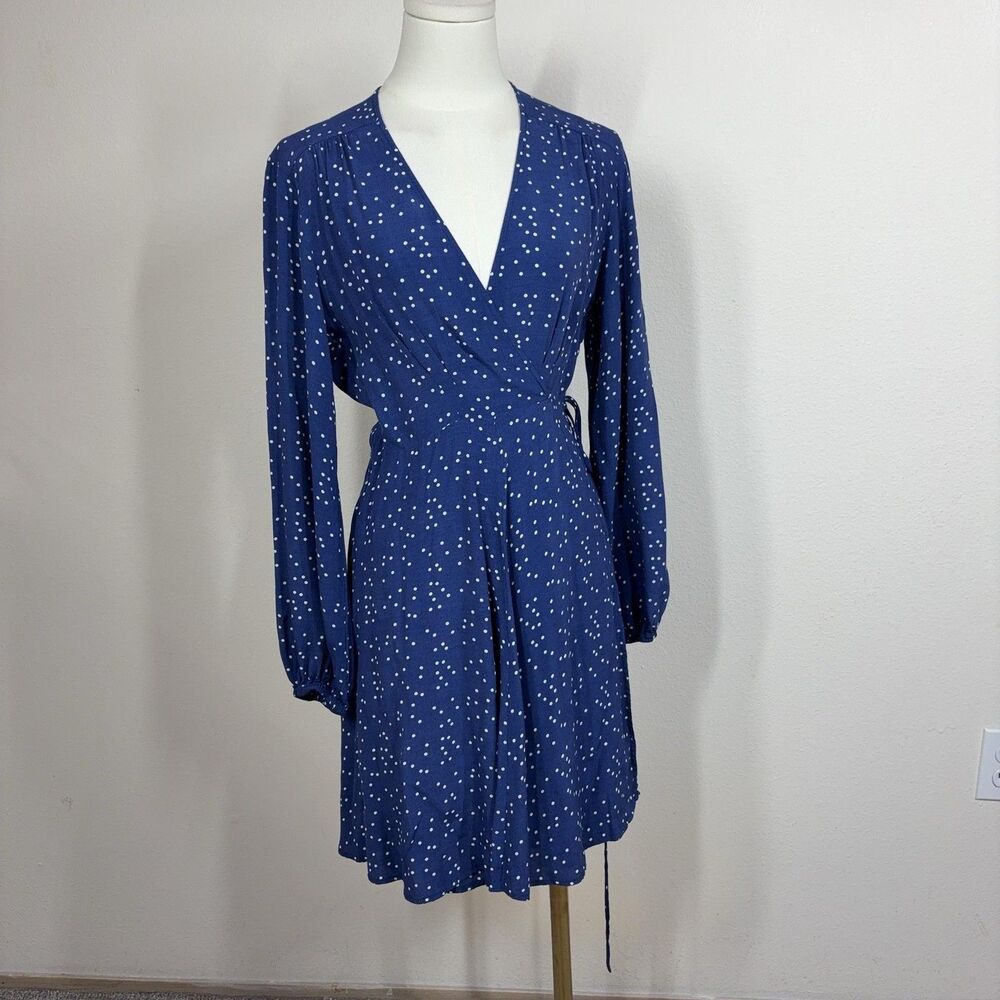 Rollas Dress Womens Medium Blue Polka Dot Wrap Long Sleeve Mini Boho Casual